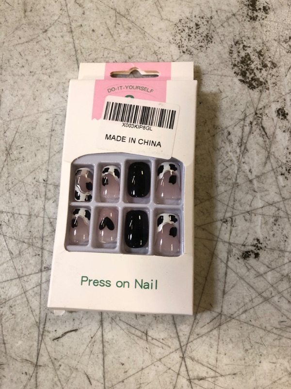 Photo 2 of Heart Press on Nails Medium Square Fakes Nails Cute Black White Cow Pattern Line Design Valentine False Nails Acrylic Nails for Women and Girls Static Stick on Nails Reusable Full Cover 24 PCS
