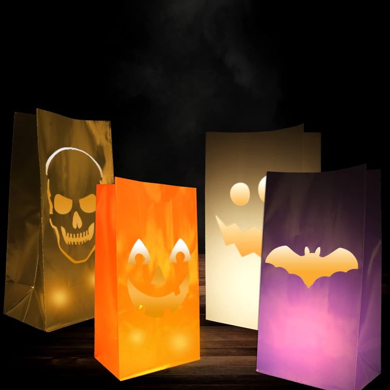 Photo 1 of ECOHOLA 24 Pcs Halloween Lantern Luminary Paper Bags 4 Styles with 24 Stickers, Flame Resistant Candle Bags LED Lantern Bags Skull Pumkin Bat Ghost Tealight Bags for Halloween Decoration Party Favors
