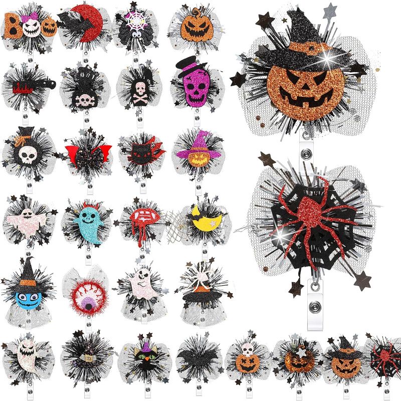 Photo 1 of Zeyune 28 Pcs Halloween Badge Reel Nurses Badge Holder Spider Web Pumpkin Holiday Badge Reels Retractable Halloween Badge Clip Ghost Witch Felt ID Name Holder with Clip for Office Gifts (Horror)
