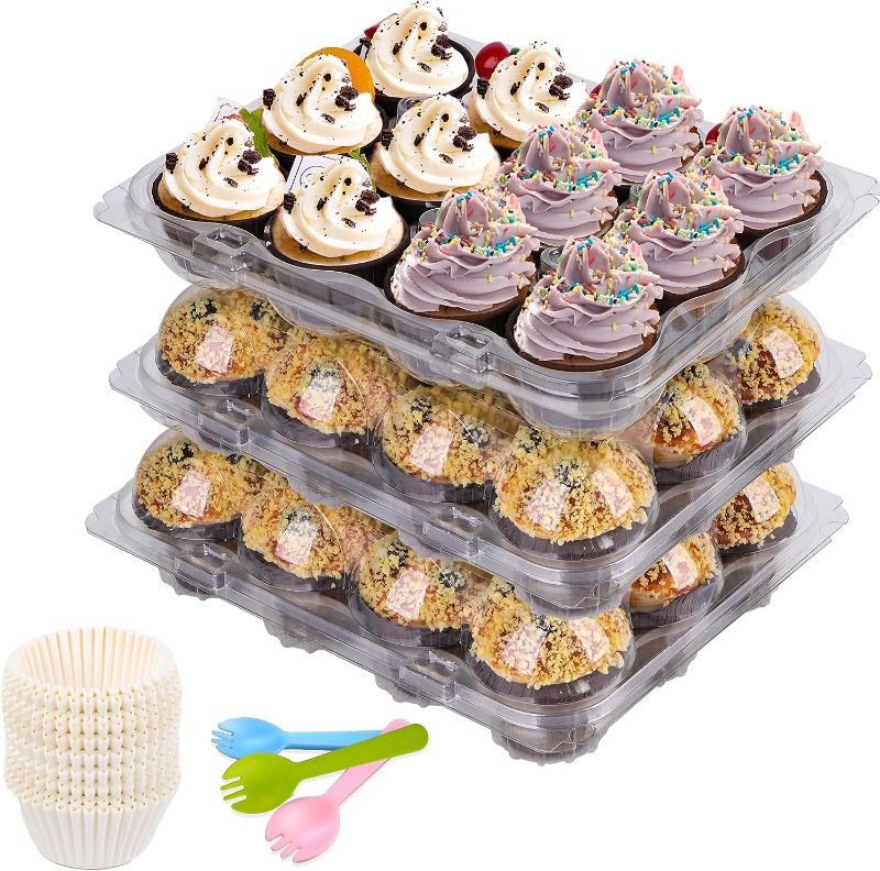 Photo 1 of 3unshine Cupcake Containers 12 Count x 15 Pack Plastic Cupcake Holder with 200pcs Cupcake Liners 15 pcs Forks Reusable Plastic Cupcake Boxes Clear Cupcake Trays for Party Picnic
