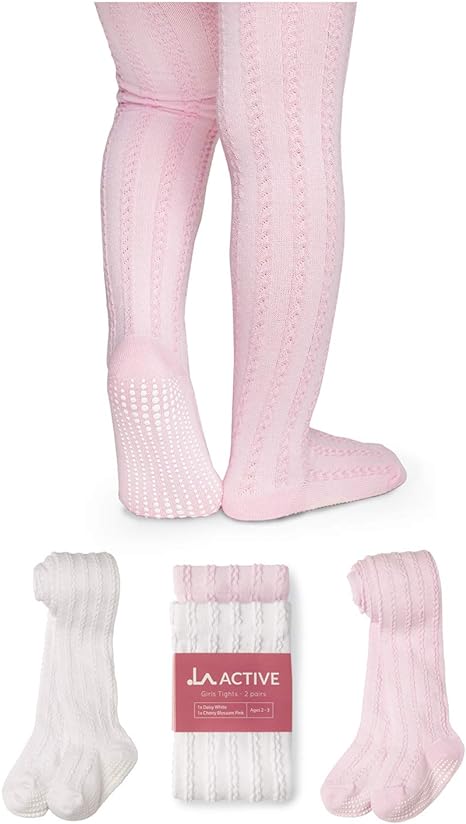 Photo 1 of LA ACTIVE Baby Girls Tights - Cozy Warm Cotton Cable Knit Winter Tights - Non-Skid Grip - Toddler Infant Newborn Kids
