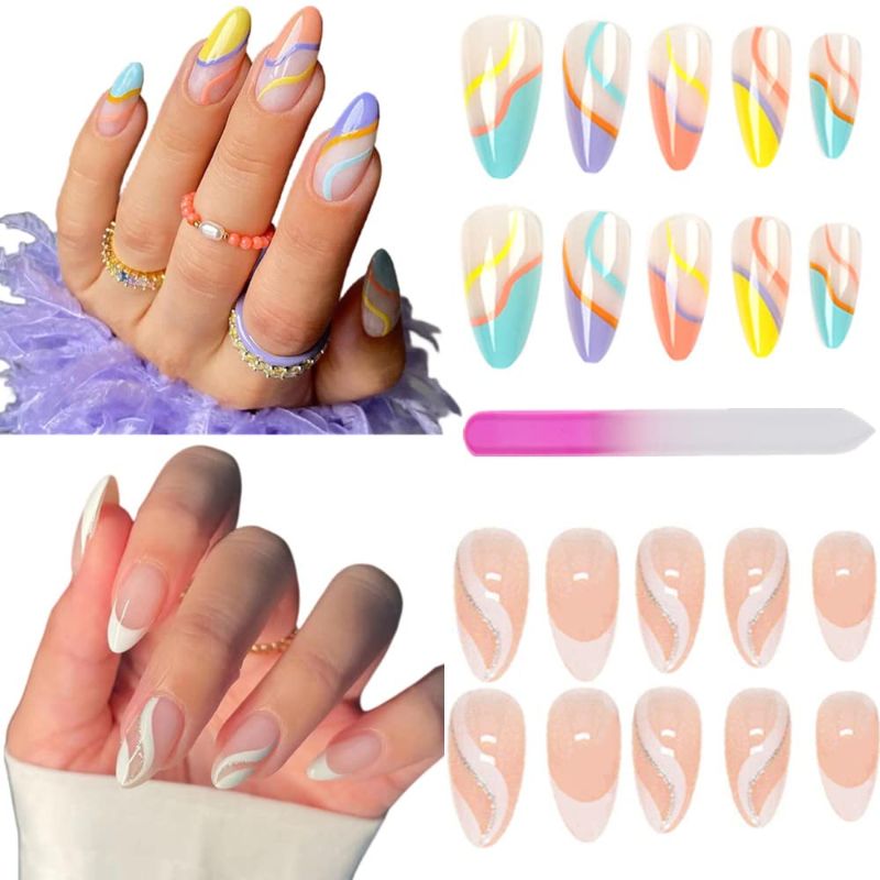 Photo 1 of 2 Pack (48 Pcs) Press On Nails Short Medium Almond Glue On Nails Fake Nails With Nail Glue Stickers False Nails French tip Press on Nails (ASwirl)
