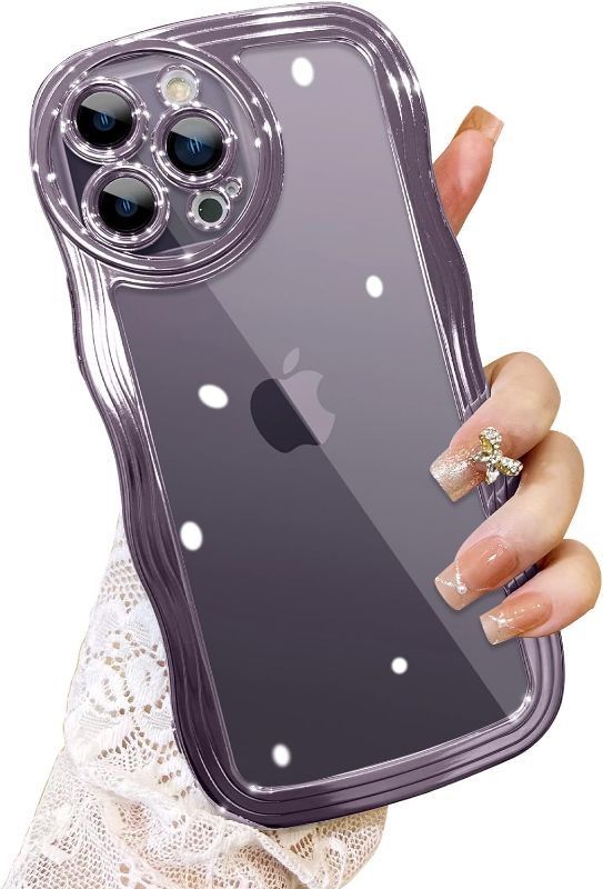 Photo 1 of Fiyart Curly Wave Frame Pattern Designed for iPhone 14 Pro Max Clear Case for Women Girl Men, Soft Luxury Plating with Full Camera Lens Protection Phone Case for iPhone 14 Pro Max 6.7"-Purple
