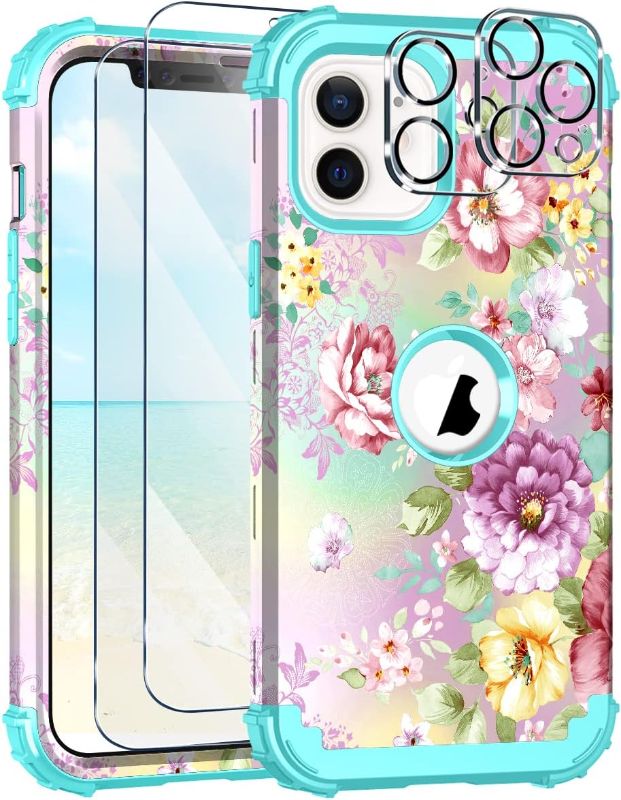 Photo 1 of Hocase for iPhone 12 Case/iPhone 12 Pro Case, with 2pcs Screen Protectors and 2pcs Camera Protectors, Shockproof Heavy Duty Soft Silicone Rubber+Hard PC Hybrid Protective Case - Purple Florals/Teal
