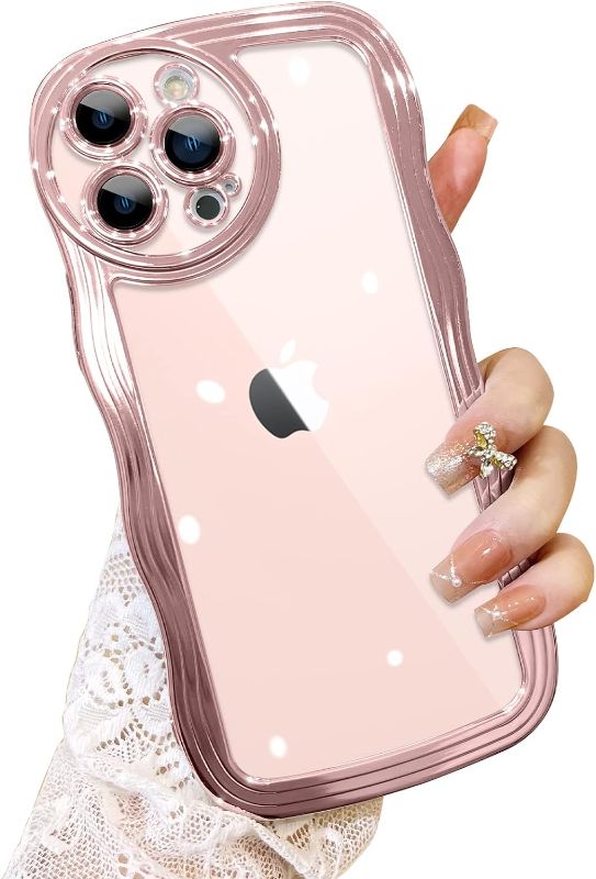 Photo 1 of Fiyart Curly Wave Frame Pattern Designed for iPhone 12 Pro Max Clear Case for Women Girl Men, Soft Luxury Plating with Full Camera Lens Protection Phone Case for iPhone 12 Pro Max 6.7"-Rose Gold
