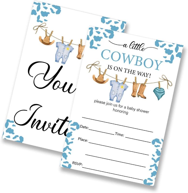 Photo 1 of Cowboy Theme Baby Shower Party Invitations a Little Cowboy Is on the Way Fill in Invites Cards for Baby Showers, 4"x6" (20 Invitations and Envelopes)
