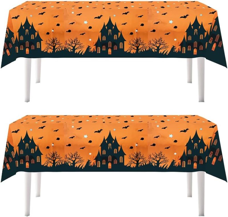 Photo 1 of 2Packs Halloween 2023 Tablecloth Aluminum Foil 0range Black Bat Disposable Tablecover Birthday Party Supplies and Decorations for Kid Baby Shower BatThem Halloween Tables 72"X54",2 Pack

