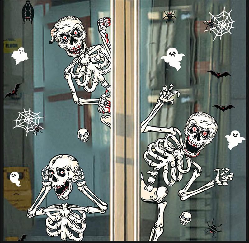 Photo 1 of AUSTUFF Halloween Window Clings Halloween Window Stickers Skeleton Ghosts Bats Halloween Decorations for Windows Glass Walls Halloween Haunted House Party Supplies
