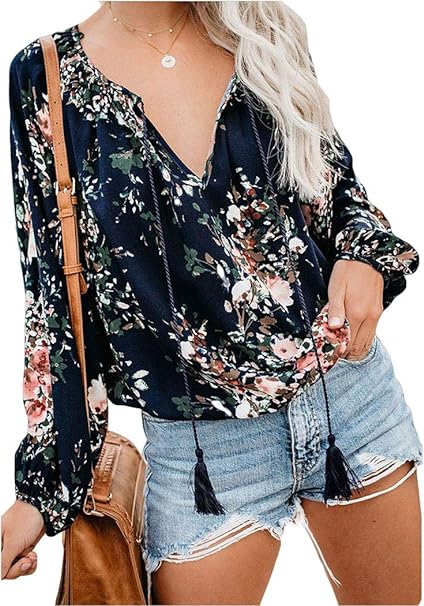 Photo 1 of  RED ---  Womens Casual V Neck Boho Tops Loose Blouse Drawstring Long Sleeve Printed Chiffon Shirt L
