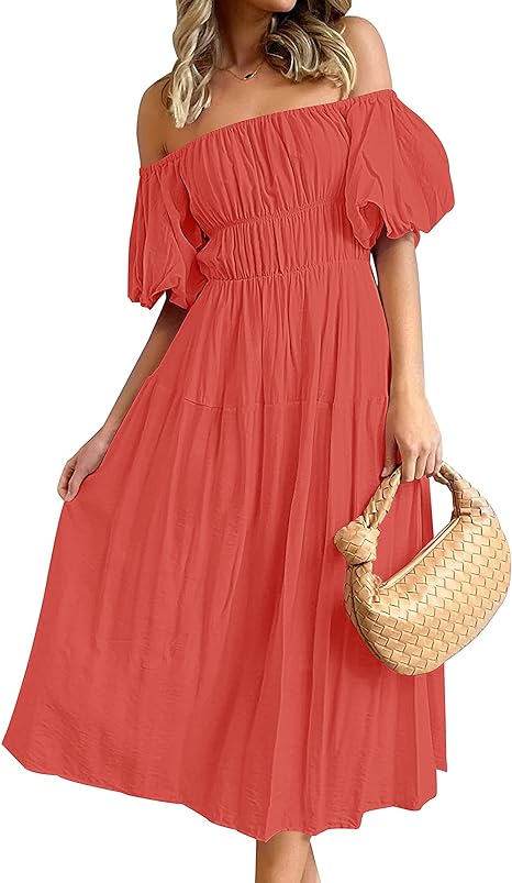 Photo 1 of MEROKEETY Women's Puff Sleeve Off Shoulder Summer Midi Dress Ruffle A Line Flowy Dress with Pockets  S 
