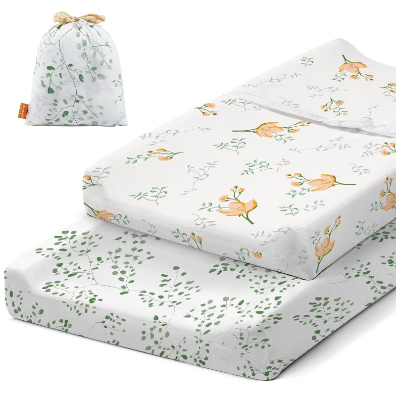 Photo 1 of Besrey Changing Pad Cover Fitted for 32"/34"x16" Mattress/Pad, 2 Pack Stretchy Soft Jersey Cotton Sheets, Breathable Cradle Sheet Sung Set for Boys & Girls, Baby Premium Diaper Changing Green Plant
