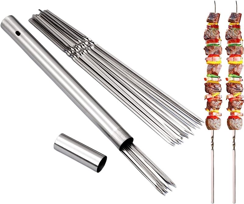 Photo 1 of WILLBBQ 304 Stainless Steel 13.2" Long Flat Barbecue Skewers,20PCS/40PCS BBQ Kebab Skewers with Portable Metal Storage Tube,Reusable for Grilling Barbecue Kitchen Party and Outdoor Cooking (40PCS)
