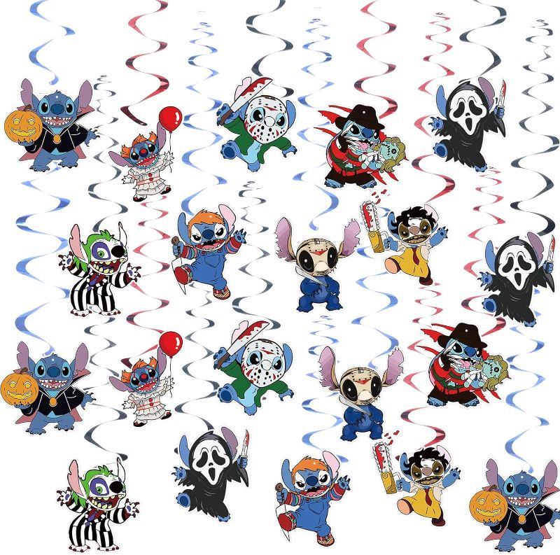 Photo 1 of 36PcsHalloween Stitch Hanging Swirls Horror Movie Characters Hanging Signs for Stitch Theme Halloween Birthday Party Decorations
