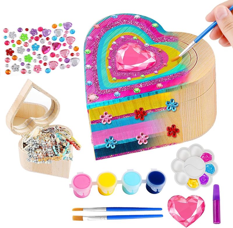 Photo 1 of Crafts Kit for Kids Girls Toys- Gifts for 5 6 7 8 9 Year-Old Girls, Arts and Crafts for Kids Ages 5-12, DIY Wooden Art Painting Jewelry Box
