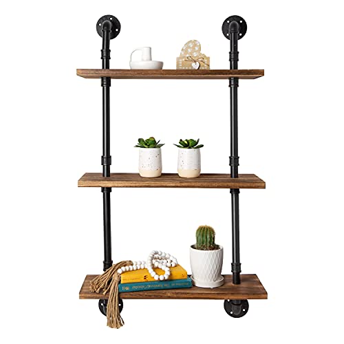 Photo 1 of 3-Tier Industrial Shelves – Wall-Mount, Farmhouse Shelves W/ Rustic Wood and Black Matte Pipe Brackets for Kitchen, Laundry Room, Living-Room and Mo