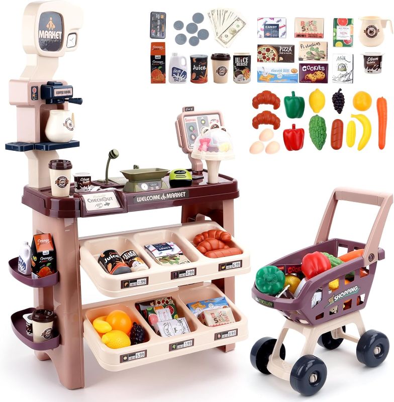 Photo 1 of deAO Supermarket Playset for Kids Grocery Store Pretend Play Role Market Stall Toy Shop with Shopping Cart, Plays Kitchen Set for Toddlers,Best Outdoor Playset for Kids
