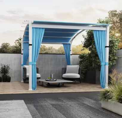 Photo 1 of 10 ft. x 10 ft. White Steel Patio Arched Pergola with Blue Shade Canopy and Curtains
