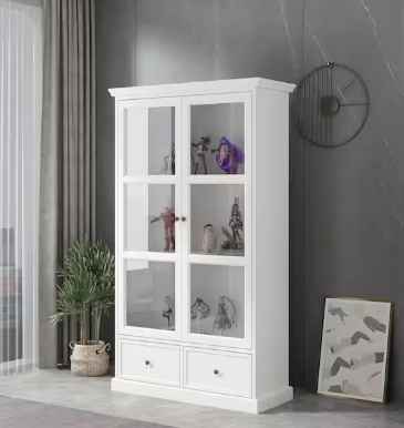 Photo 1 of 70.9 in. H White Wood 2-Acrylic Door Accent Cabinet with 3-Tier Shelves and 2-Drawers Storage Cabinet Bookshelf Cupboard -- BOX 1 OF 2
