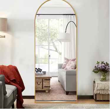 Photo 1 of 30 in. x 67 in. Modern Arch Metal Framed Gold Floor Standing Mirror
