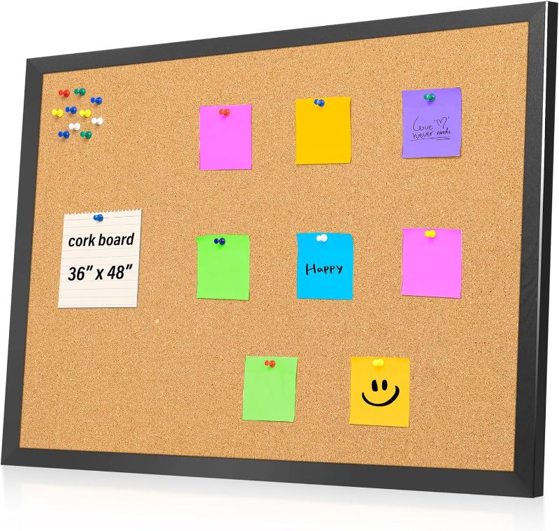 Photo 1 of Yettsoy Cork Board Bulletin Board 48 X 36 Inch - Black Wood Frame 4 x 3 Corkboard for Wall, Large Wall Mounted Notice Message Pin Board with 18 Pins for Home Office and School
