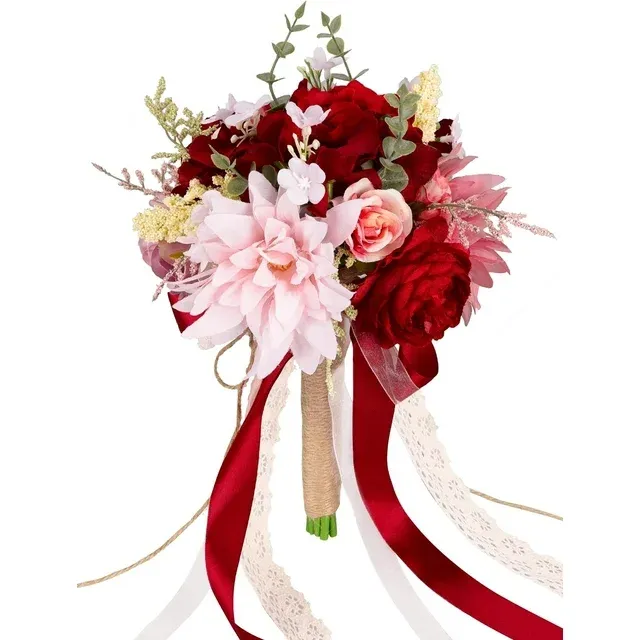 Photo 1 of Bridal Bouquets for Wedding, White and Blush Pink Artificial Roses Burgundy Flowers for Wedding Centerpieces Decoration
