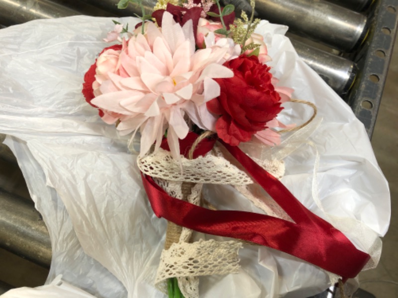 Photo 2 of Bridal Bouquets for Wedding, White and Blush Pink Artificial Roses Burgundy Flowers for Wedding Centerpieces Decoration
