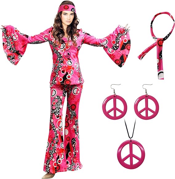 Photo 1 of MRYUWB 6 Pcs 70s Hippie Costumes Accessories for Women Disco Outfit, 60s Party Costume, 70's Earrings Necklace Flared Pants
Size: XXL