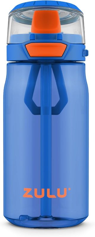 Photo 1 of ZULU Kids Flex 16oz Tritan Plastic Water Bottle with Silicone Spout, Leak-Proof Locking Flip Lid and Soft Touch Carry Loop for School Backpack, Lunchbox, and Outdoor Sports, Blue
