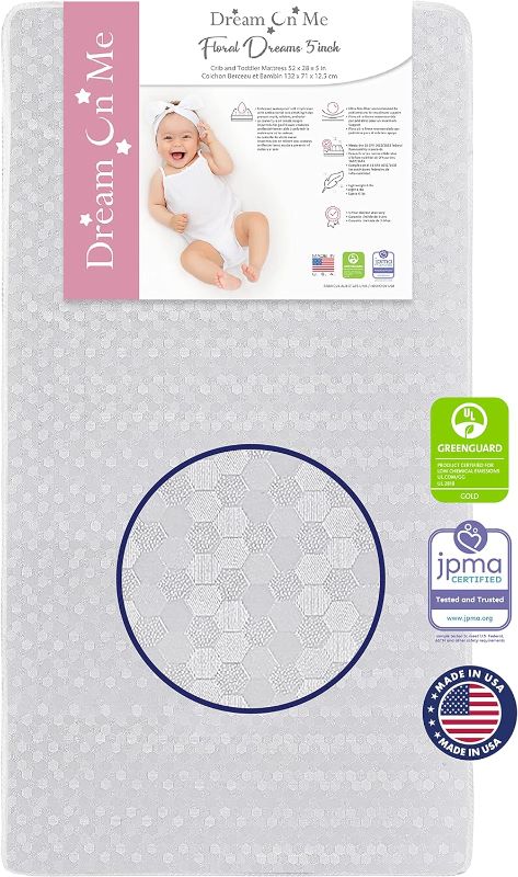 Photo 1 of Dream On Me Honeycomb Orthopedic Firm Fiber Standard Baby Crib Mattress, Greenguard Gold and JPMA Certified, 5” Fiber Core Optimum Support, Fits Crib and Toddler Bed, Waterproof Vinyl Cover
