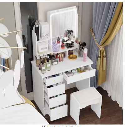 Photo 1 of 5-Drawers White Makeup Vanity Sets Dressing Table Sets With Stool, Mirror, LED Light and 3-Tier Storage Shelves
