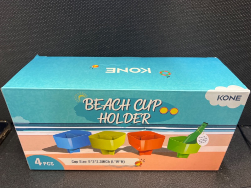 Photo 2 of Kone Beach Cup Holder, Beach Essentials Accessories for Vacation Must Haves for Family and Friends, Multifunctional Sand Drink Holders for Phone, Sunglass, Beverage and Key Storage, Set of 4 4 Pack