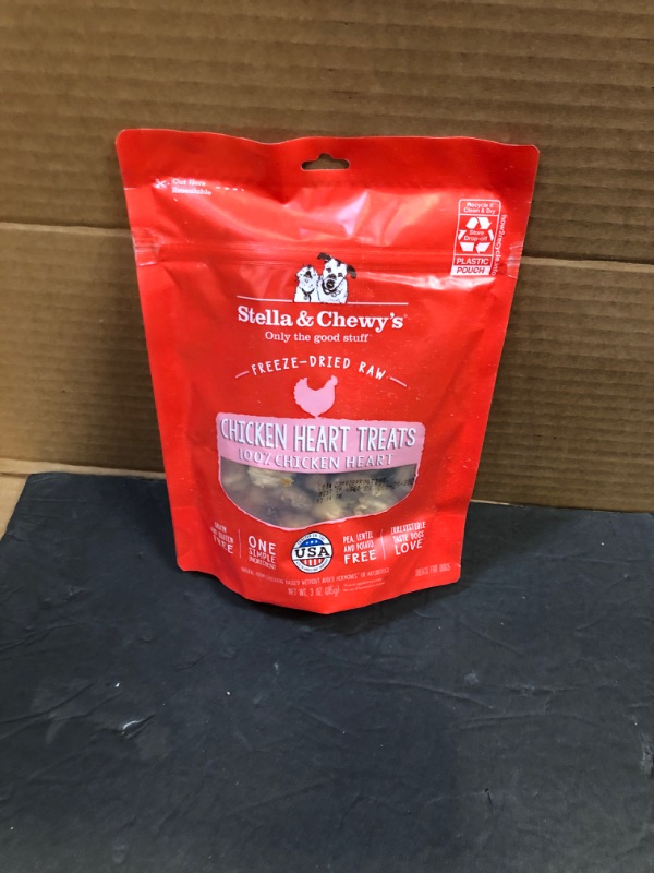 Photo 2 of    exp 10-21-2024       Stella & Chewy's Freeze-Dried Raw Single Ingredient Chicken Hearts Dog Treats, 3 oz. Bag Chicken hearts 3 Ounce (Pack of 1)