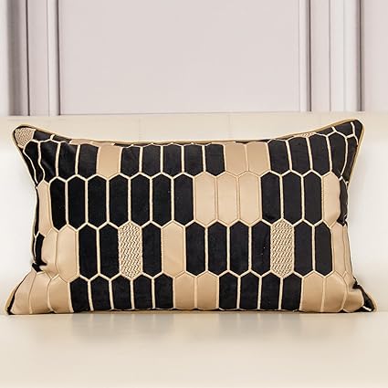 Photo 1 of Aeckself 12 x 20 Inch Black and Gold Leather Geometric Plaid Embroidered Velvet Cushion Case Luxury Modern Lumbar Throw Pillow Cover Decorative Pillow for Couch Living Room Bedroom Car 30 x 50cm