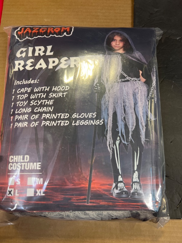 Photo 2 of JAZGROM Grim Reaper Costumes for Girls Scary Kids Halloween Deluxe Costume Set Scythe Chain Soul Taker for Halloween Dress Up Party Girl Grim Reaper Costume Large(10-12 yrs)