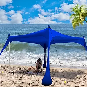 Photo 1 of  Beach Tent Pop Up Shade 10x10ft Beach Canopy Sun Shelter UPF50+ with 4 Foldable Poles-Portable Carrying Bag-Sand Shovel-Ground Pegs-Windproof Ropes for Outdoor Family Camping-Fishing- Picnic