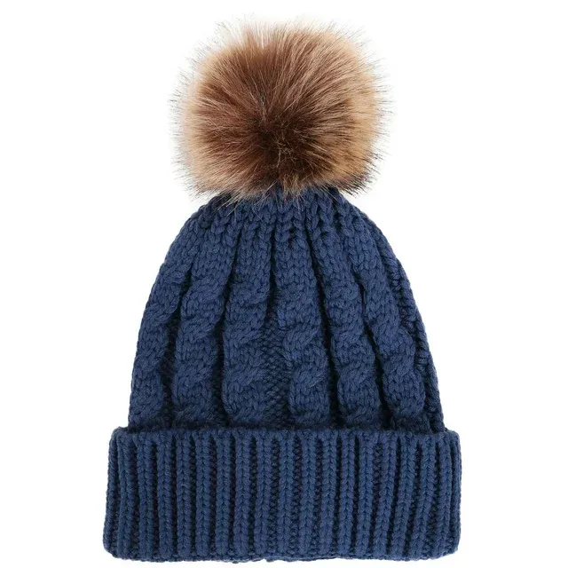 Photo 1 of Women's Winter Soft Knitted Beanie Hat with Faux Fur Pom Pom,Denim Blue