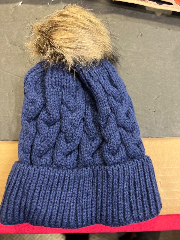 Photo 2 of Women's Winter Soft Knitted Beanie Hat with Faux Fur Pom Pom,Denim Blue