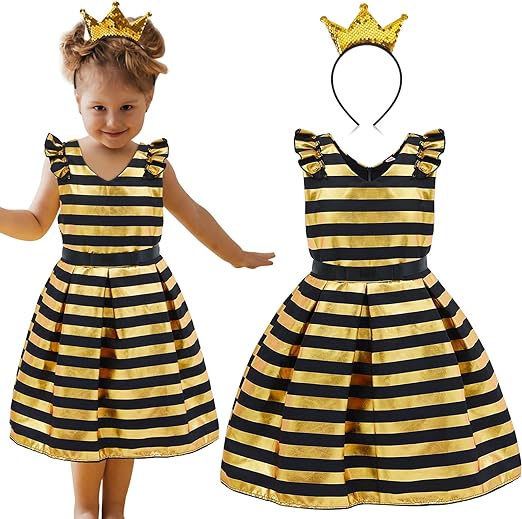 Photo 1 of   SIZE 5T Suhine 4 Pcs Halloween Girl Costume for Toddlers Bee Themed Costume for Girls Princess Dress up Glitter Striped Dresses