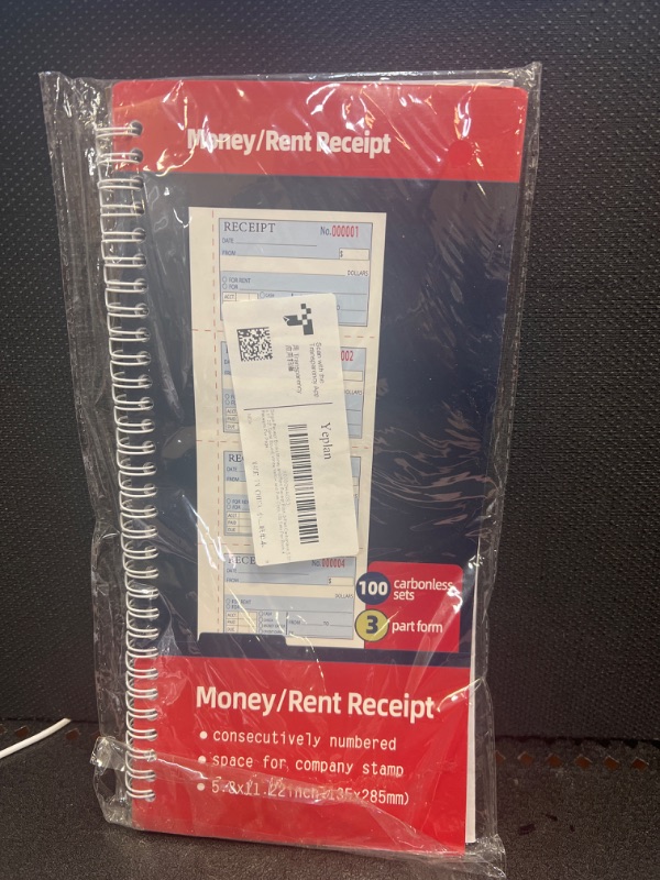 Photo 2 of Receipt Book with Carbon Copies,Money and Rent Receipt Book,2-Part Carbonless,5.31" x 11.22",Spiral Bound,100 Sets per Book,4 Receipts per Page.