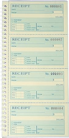 Photo 1 of Receipt Book with Carbon Copies,Money and Rent Receipt Book,2-Part Carbonless,5.31" x 11.22",Spiral Bound,100 Sets per Book,4 Receipts per Page.