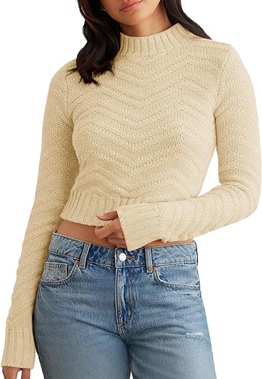 Photo 1 of   size small  Imily Bela Womens Crop Cable Knit Sweaters Mock Neck Long Sleeve Fitted Pullover Casual Solid Jumper