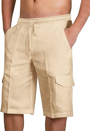 Photo 1 of 28 x 34           /           PASLTER Mens Cotton Linen Shorts Casual Elastic Waist Drawstring Lightweight Summer Beach Cargo Shorts