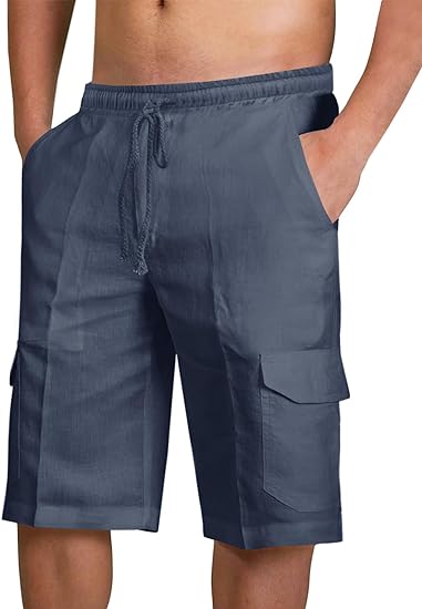 Photo 1 of    size 28 x 34     PASLTER Mens Cotton Linen Shorts Casual Elastic Waist Drawstring Lightweight Summer Beach Cargo Shorts