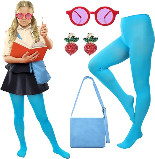 Photo 1 of 4 Pcs Halloween Costume for Women Girls Blue Tights Costume Crossbody Canvas Bag Red Radish Diamond Stud Earrings Round Glasses for Halloween Role Play Cosplay Kids Adults