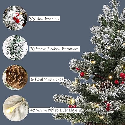 Photo 1 of `````Pre-lit Artificial Mini Snowy White Christmas Tree, 22 Inch Small Table Top Snow Flocked Christmas Tree with Lights Red Berries Pine Cones and Cloth Bag Base for Xmas Indoor Desk Tabletop Decoration````````````````````````````````````````````````````