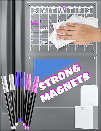Photo 1 of Acrylic Magnetic Calendar for Refrigerator [No Surface Scratching Magnets] 6 Bright Markers in White, Blue & Pink, Easy Erase Memo Calendar for Kids with Included Eraser and Pen Holder, 16"x12"