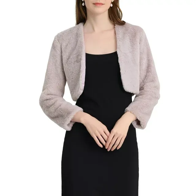 Photo 1 of Allegra K Juniors Collarless Long Sleeve Open Front Faux Fur Shrug Cropped Coat   med 