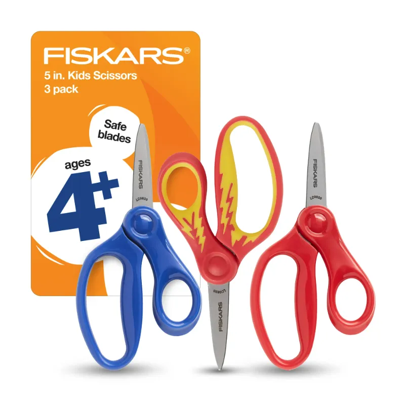 Photo 1 of Fiskars Kids Scissors Pointed-Tip, 3 Pack, Red, Blue, and Red Yellow Lightening