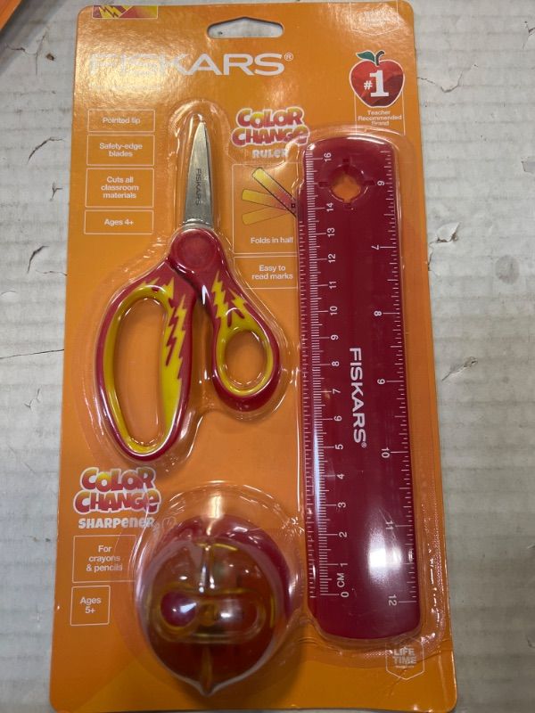 Photo 2 of Fiskars Color Change Kids 3pc Set - 5" Pointed Scissors, Red Color Change Ruler, Red Color Change Sharpener