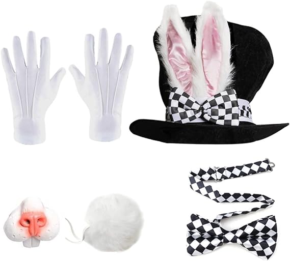 Photo 1 of Alaiyaky Easter Bunny Ear Top Hat Easter White Rabbit Hat Costume Set Rabbit Topper Plush Hat for Halloween Party Costumes
